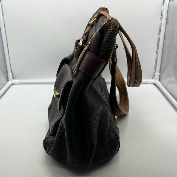 COLE HAAN Copper Brown Pebbled Leather Colorblock Turnlock Satchel Shoulder Bag - Picture 4 of 9